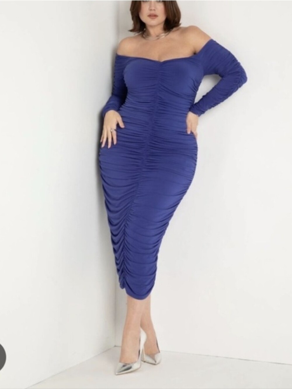 Eloquii Royal Blue Off Shoulder Ruched Long Sleeve Dress - Picture 1 of 3